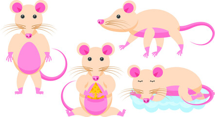 Set Abstract Collection Flat Cartoon Different Animal Rats Stand, Sleeping On A Cloud, Eating Cheese Vector Design Style Elements Fauna Wildlife