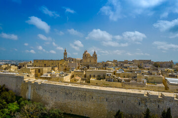 Aerial panorama view of the town of Mdina fortress in Malta also called Silent city. Ancient medieval walled city - the capital city of Malta in medieval times