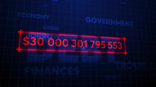 A digital red counter with a growing number of the national debt of the state. 30 Billions of dollars is the figure of the main US national debt. The world financial crisis.