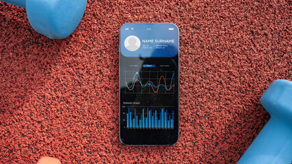 Gym application. Smart phone screen with fitness health or sport gym mobile application on dumbbell...