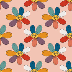 Groovy Smiley  Hippie Flower seamless pattern. Positive 70s retro smiling daisy flower print.