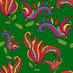 Abstract colorful fantasy doodle flower seamless pattern. Floral background.