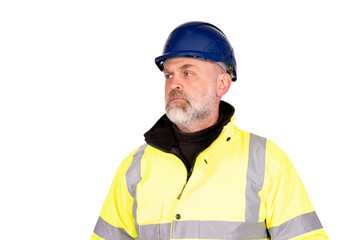 A construction worker in a blue hat and yellow hi-viz coat on white background with cpace for text