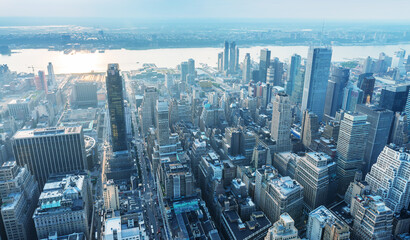 Spectacular aerial view of Manhattan. Skyscrapers at dusk