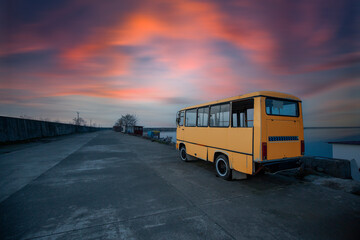 Fototapeta na wymiar old minibus and landscape