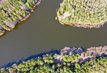 Top view from the quadrocopter of the river and the winter green forest