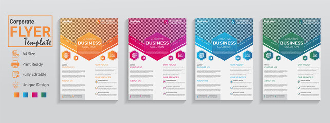 flyer corporate. Flyer business. four flyer template in 4 design color red orange blue . This is a creative business flyer in modern look for event conference infographic workshop promotion dj flyers