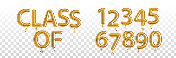 Vector realistic isolated golden balloon text of Class Of with numbers on the transparent background. Concept of gratuation and prom party. - obrazy, fototapety, plakaty