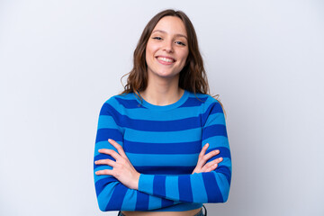 Young caucasian woman isolated on white background keeping the arms crossed in frontal position