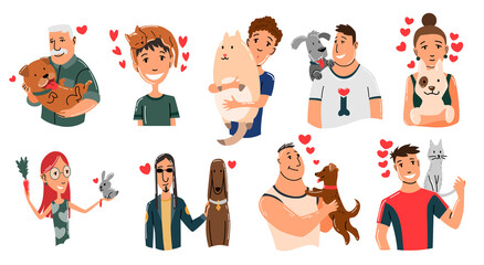 People and pets. Cat, dog and rabbit pet owner characters. Man and womans holding on hands his animals. Peoples love his animals. Cute and adorable domestic animals