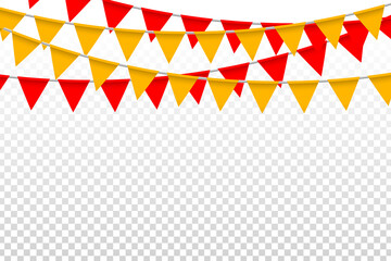 Vector realistic isolated orange and red party flags for decoration and covering on the transparent background. Concept of birthday, holiday and celebration. - obrazy, fototapety, plakaty