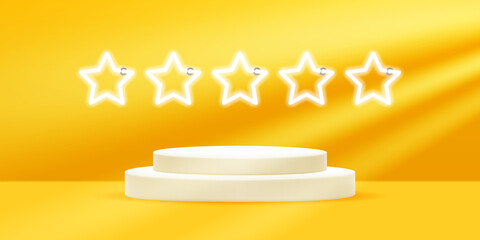 Vector realistic podium platform with orange colors and five neon stars in abstract stage for product placement and display.