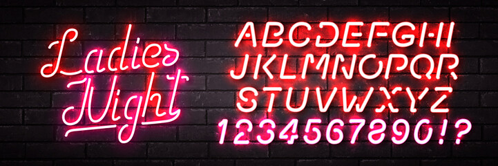 Vector realistic isolated neon sign of Ladies Night with easy to change color font alphabet on the wall background. Concept of night club and party.