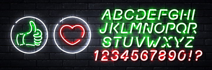 Vector realistic isolated neon sign of Like and Heart with easy to change color font alphabet on the wall background.