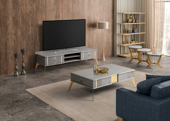 3D render tv room , sofa , coffee table and tv table set in modern decoration 