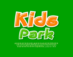 Vector green poster Kids Park. Glossy creative Font. Artistic style Alphabet Letters, Numbers and Symbols set