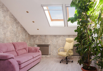 Modern retro attic loft design with sofa, armchair, green plants under two skylights roof windows...