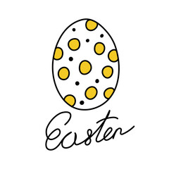 Cute Easter egg in polka dots. Manual lettering with the word Easter. Children's doodle illustration for festive greeting cards and stickers. Sloppy text in the style of hand draw. Easter decorations.