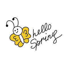 Doodle lettering with the phrase Hello Spring. Sloppy children's inscription. Cute funny butterfly. A simple icon of the 90s style. Clipart for printing on stickers and greeting cards.