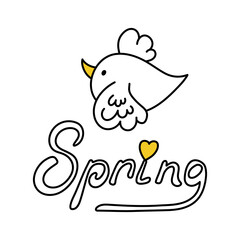 Cute spring lettering. Funny cartoon bird in doodle style. Sloppy inscription with the word Spring. Simple clipart for stickers, logos, cards. Children's funny drawing by hand. Print for baby clothes.