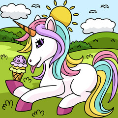 Obraz na płótnie Canvas Unicorn Eating Ice Cream Colored Illustration