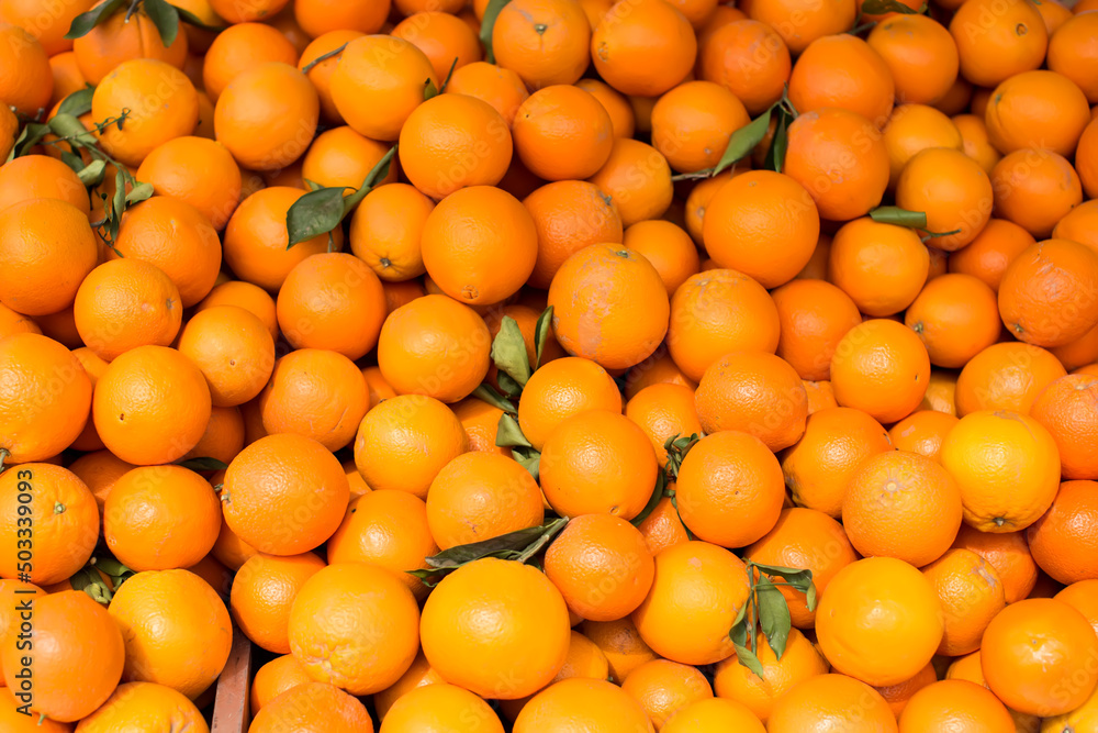 Wall mural Oranges on sale at the local market. Oranges background