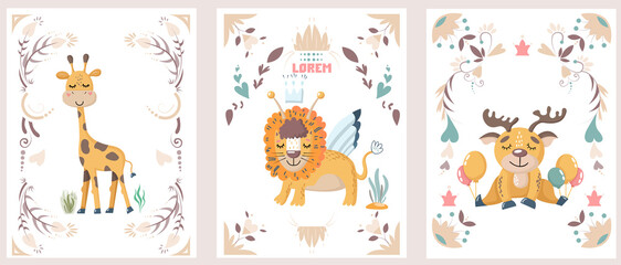 Cute wild African safari animals lion, giraffe, antelope. Hand-drawn posters for the children's room, greeting cards, A set of flat cartoon vector illustrations - obrazy, fototapety, plakaty