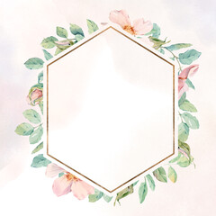 Floral hexagonal frame with pink flowers and light green leaves. Hand drawn in watercolor, isolated on a white background. For wedding invitations, holiday cards and other design.