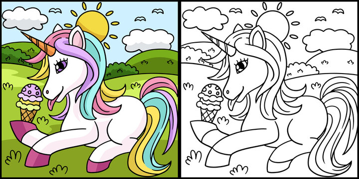Unicorn Eating Ice Cream Coloring Illustration