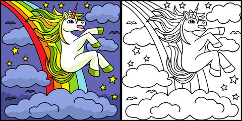 Unicorn Sliding Over The Rainbow Illustration