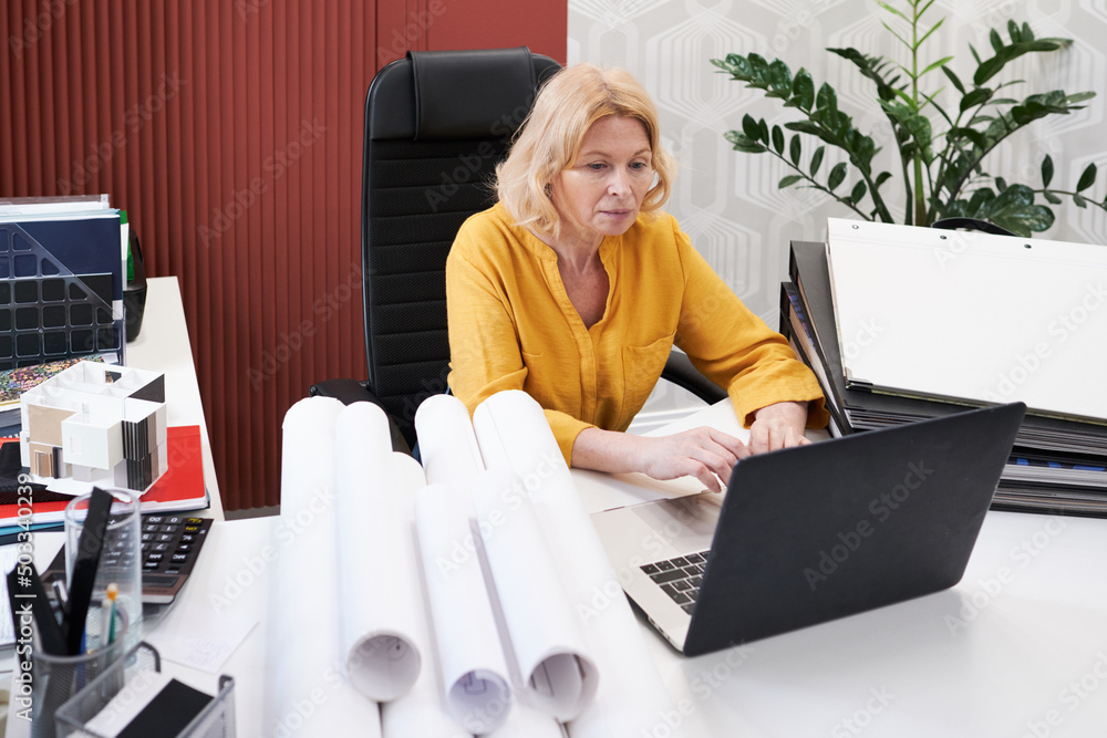 Poster Serious mature architect sitting at table with folders and blueprints and typing on laptop, she working over new project at office