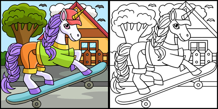 Unicorn Skating Coloring Page Colored Illustration