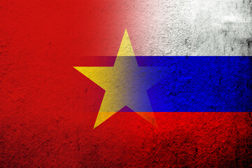 National flag of Russian Federation with The Socialist Republic of Vietnam National flag. Grunge background