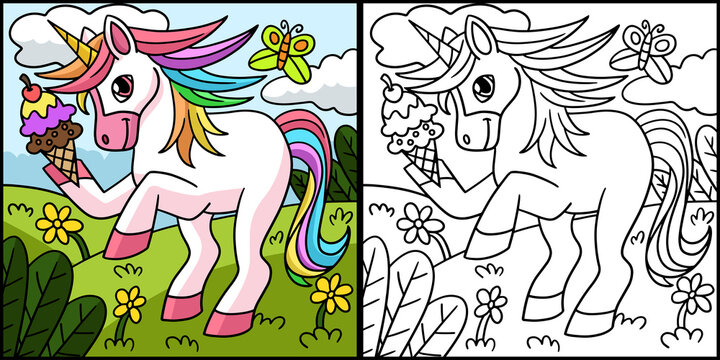 Unicorn Holding Ice Cream Colored Illustration