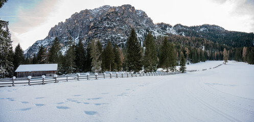 Fototapeta premium Winter in the San Vigilio di Marebbe valley of the Dolomites
