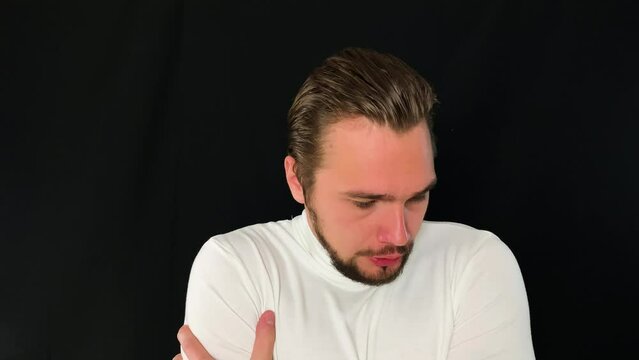 Troubled male having panick attack and frightened of anything, scarry situation
