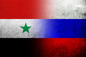 National flag of Russian Federation with The Syrian Arab Republic National flag. Grunge background