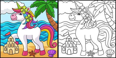 Unicorn On The Beach Coloring Page Illustration