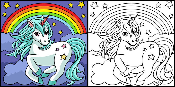 Unicorn Standing Under The Rainbow Illustration