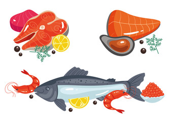 Seafood isolated set collection concept. Vector flat cartoon design element illustration