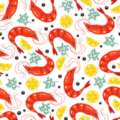 Shrimp seafood line art seamless pattern. Vector flat cartoon design element illustration