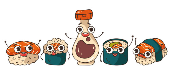 Sushi roll characters with soy sauce isolated set. Vector flat cartoon design element illustration
