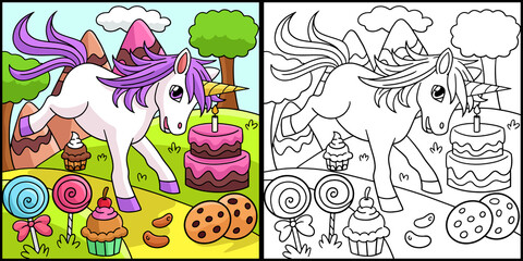 Unicorn In Candy Land Coloring Page Illustration