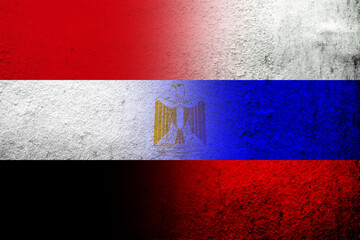 National flag of Russian Federation with The Arab Republic of Egypt National flag. Grunge background