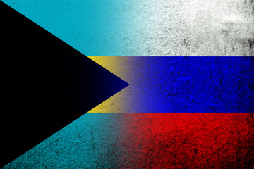 National flag of Russian Federation with The Commonwealth of The Bahamas national flag. Grunge...