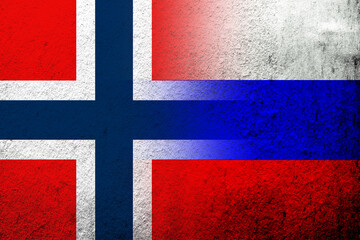 Fototapeta premium National flag of Russian Federation with The Kingdom of Norway national flag. Grunge background