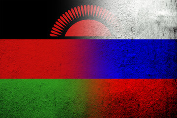 National flag of Russian Federation with The Republic of Malawi National flag. Grunge background
