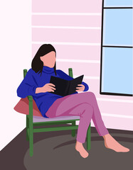 vector illustration of a girl at home.  The girl sits in a chair and reads a book.  Girl in bright clothes