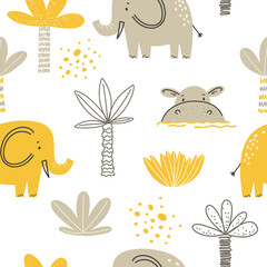 Vector colored seamless childish pattern with adorable elephants and hippopotamus in scandinavian style on a white background. Childish texture for textiles, wallpapers, bed linen, covers.