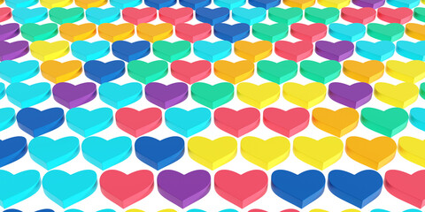 Lots of hearts in trendy shades of purple. Hearts in a row. Lots of hearts. Background. Symbol of love. 3d illustration